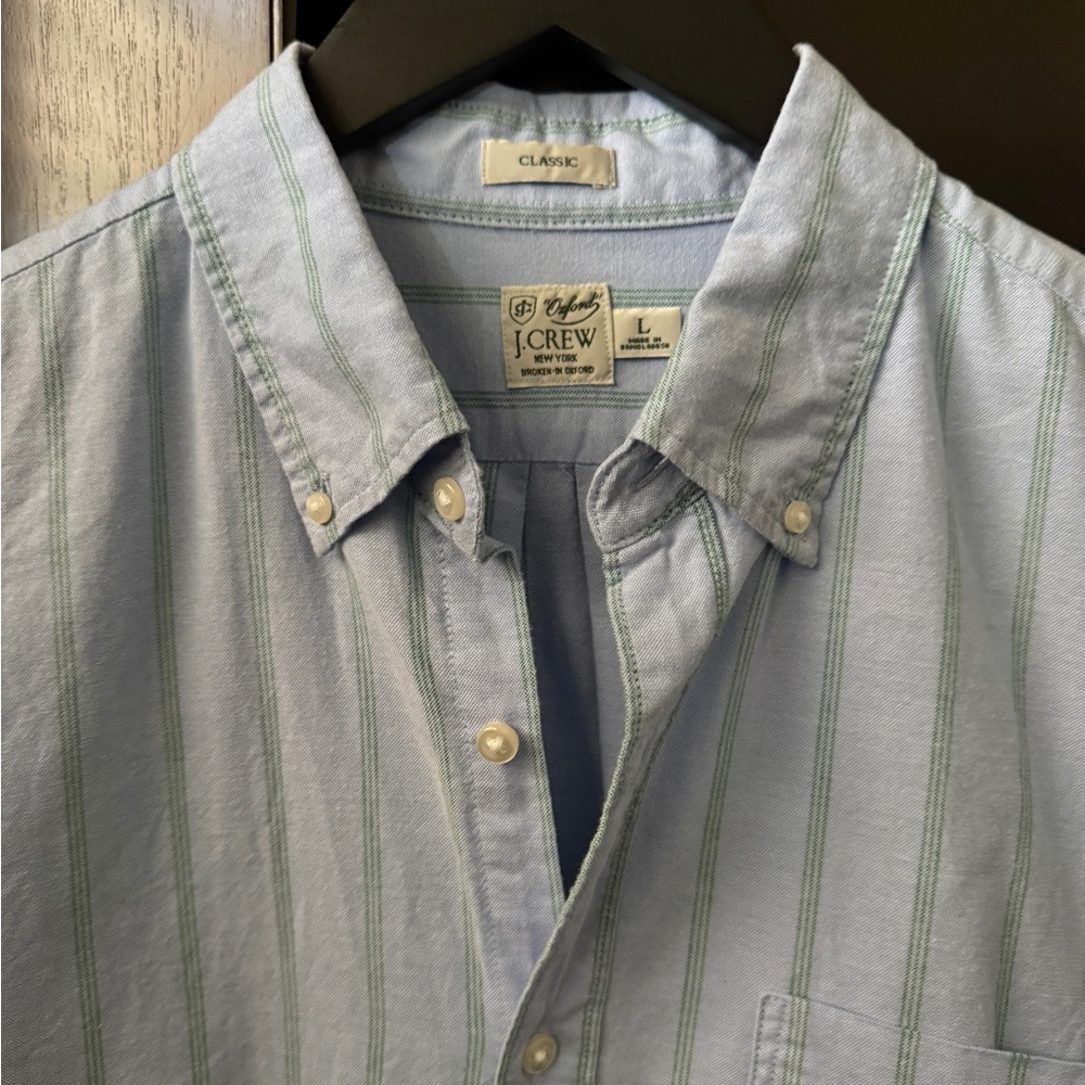 J Crew Classic Fit Blue Green Striped Oxford Shirt - Large